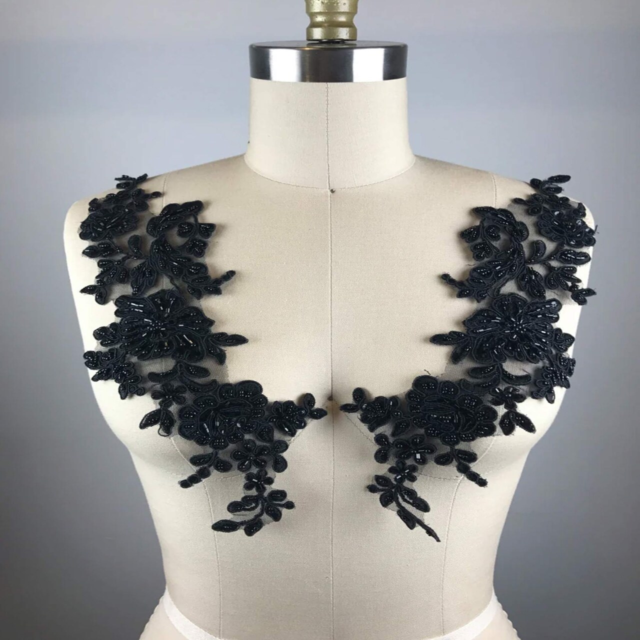 1 Pair Black Lace Applique Mirrored with Delicate Beads and Fine Netting